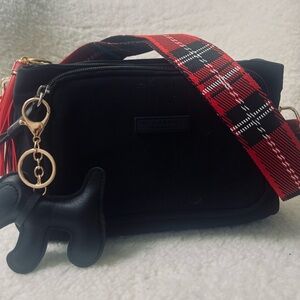 Black Upcycled Burberry Women's Bag with Red Plaid Strap